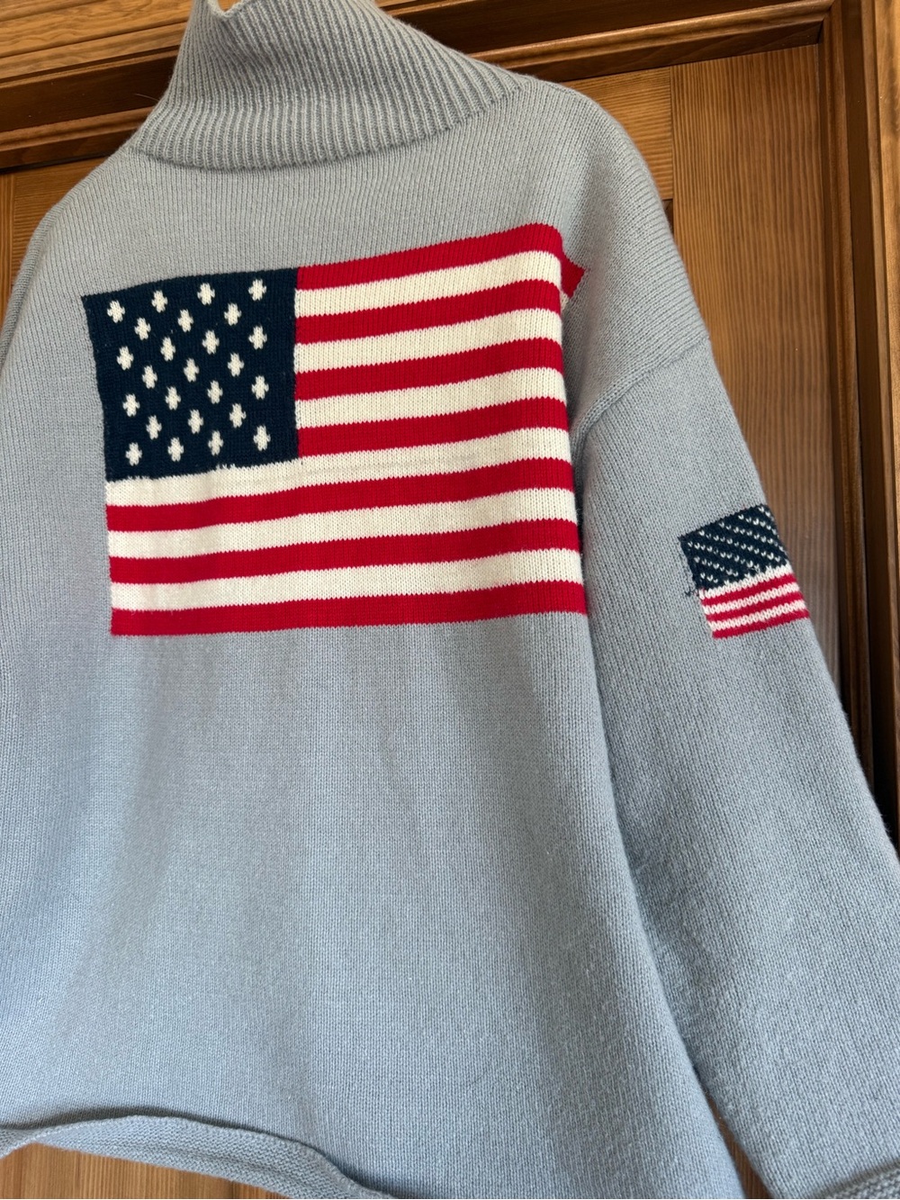 Light Blue Turtleneck Sweater with American Flag Motif - Picture 2 of 2